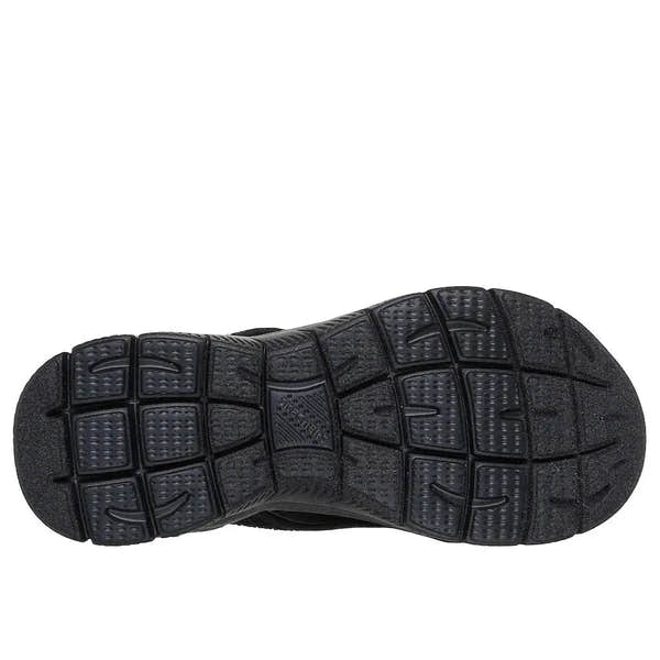 Skechers Summits Sandal for women, black textile vegan elasticated slip-on sandal with cushioned sole and textured outsole.