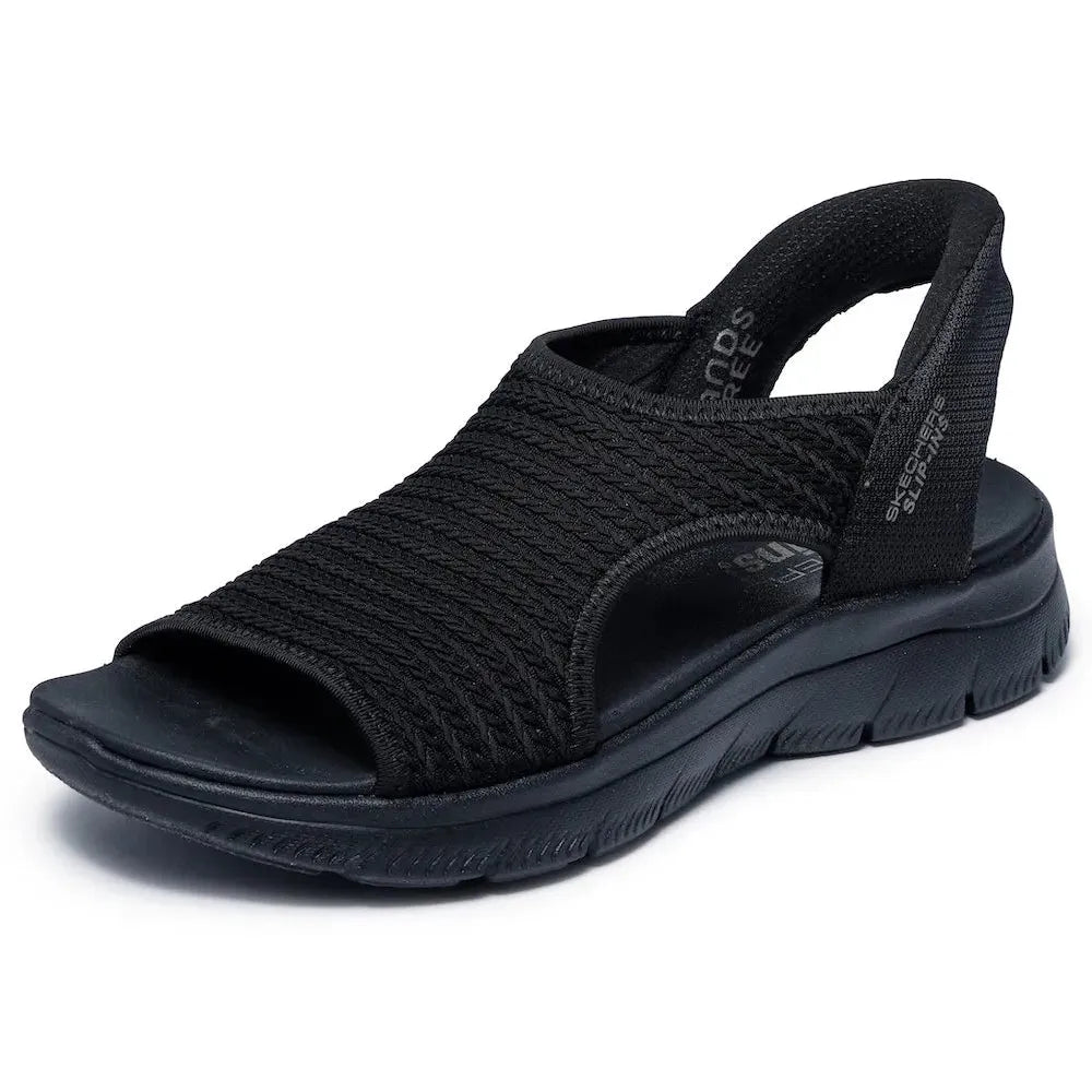 Skechers Summits Sandal for Ladies, black vegan elasticated textile slip-on sandal with cushioned sole.