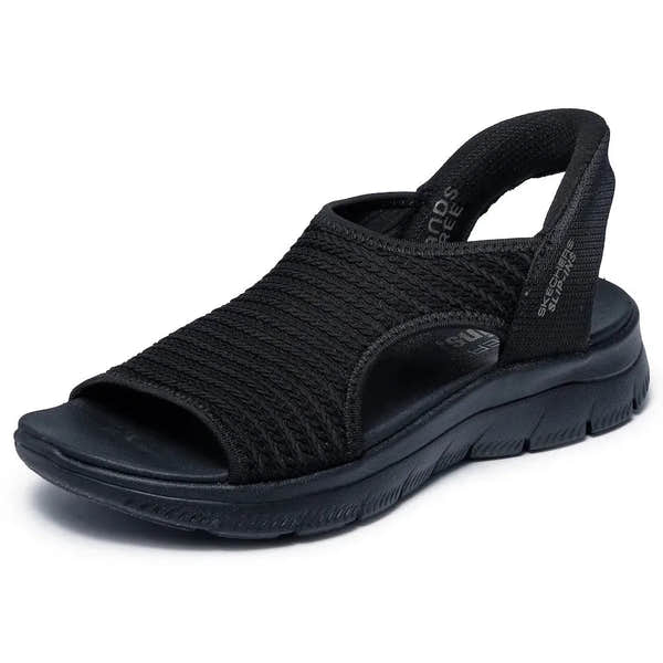 Skechers Summits Sandal for Ladies, black vegan elasticated textile slip-on sandal with cushioned sole.
