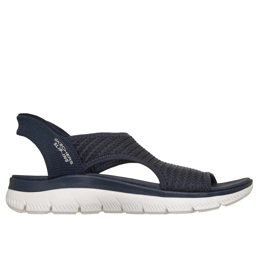 Skechers Summits Sandal for women, navy textile vegan elasticated strap, cushioned sporty flip-flop style footwear.