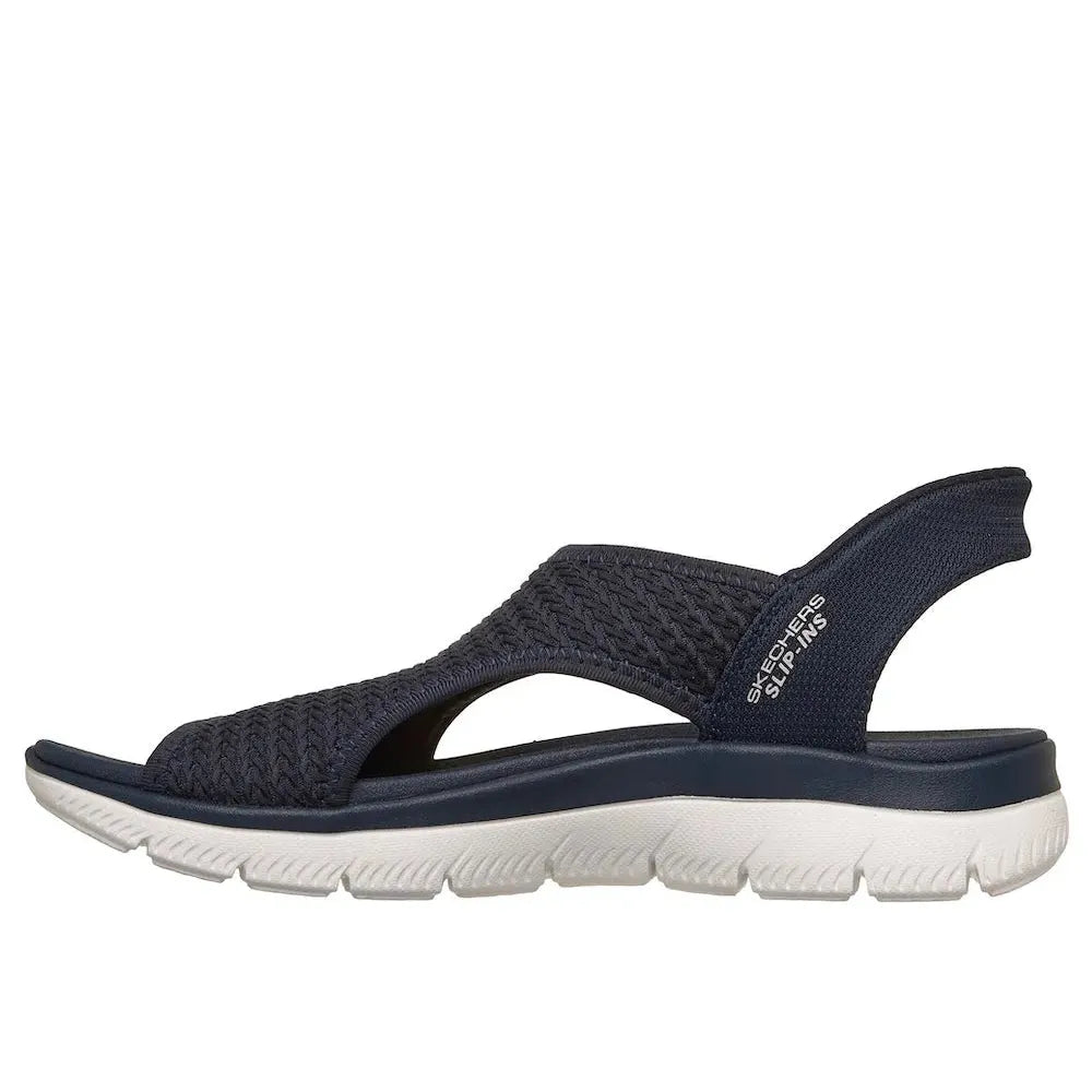 Skechers Summits Sandal for women, navy vegan textile slip-ons with elastic straps and cushioned white sole.