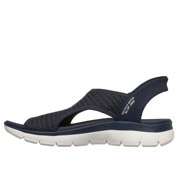 Skechers Summits Sandal for women, navy vegan textile slip-ons with elastic straps and cushioned white sole.