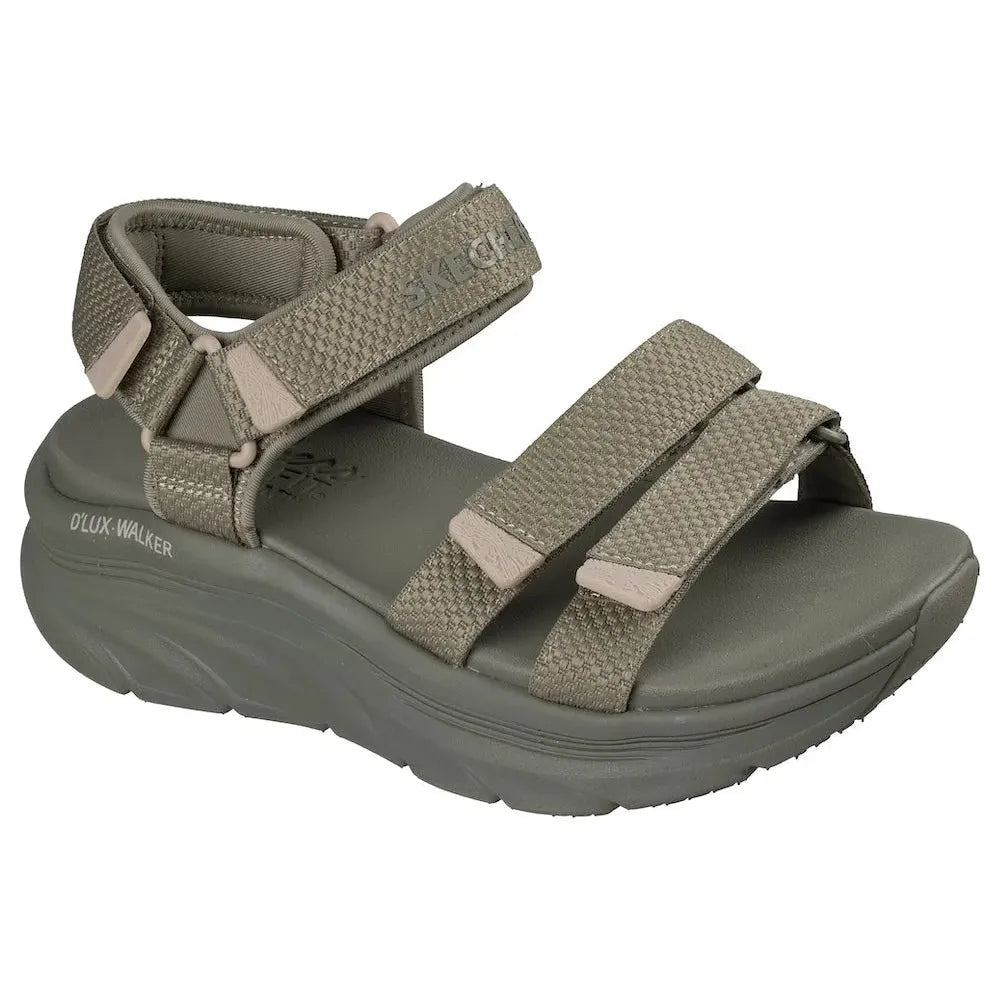 Skechers D’Lux Walker Sea Scape ladies olive textile sandals with touch fastening straps and cushioned sole.