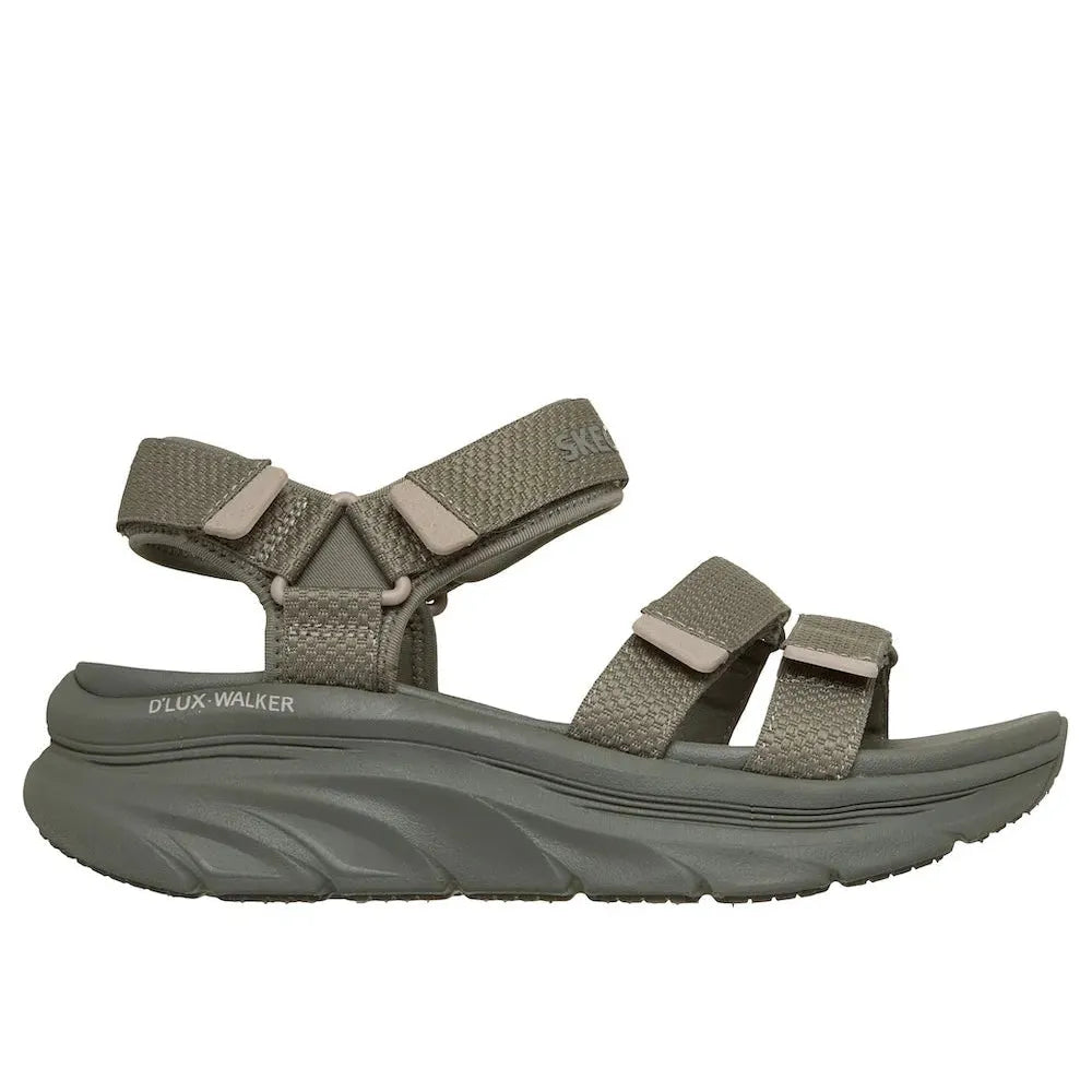 Skechers D’Lux Walker Sea Scape ladies' olive textile sandals with touch fastening straps and cushioned outsole.