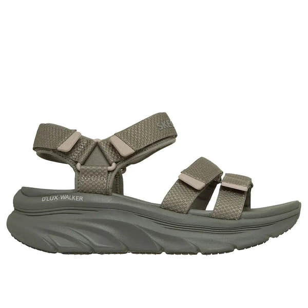 Skechers D’Lux Walker Sea Scape ladies' olive textile sandals with touch fastening straps and cushioned outsole.