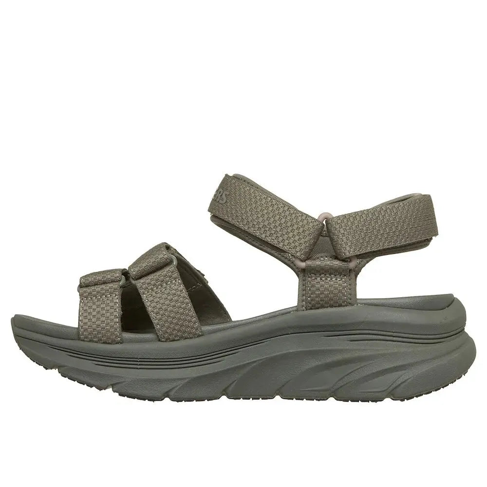 Skechers D’Lux Walker Sea Scape Ladies Olive Touch Fastening Sandals with cushioned sole and adjustable straps.