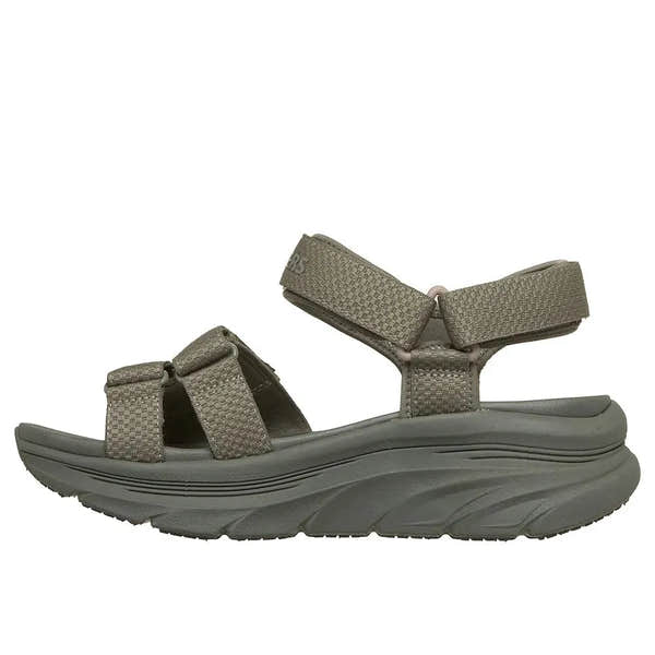 Skechers D’Lux Walker Sea Scape Ladies Olive Touch Fastening Sandals with cushioned sole and adjustable straps.