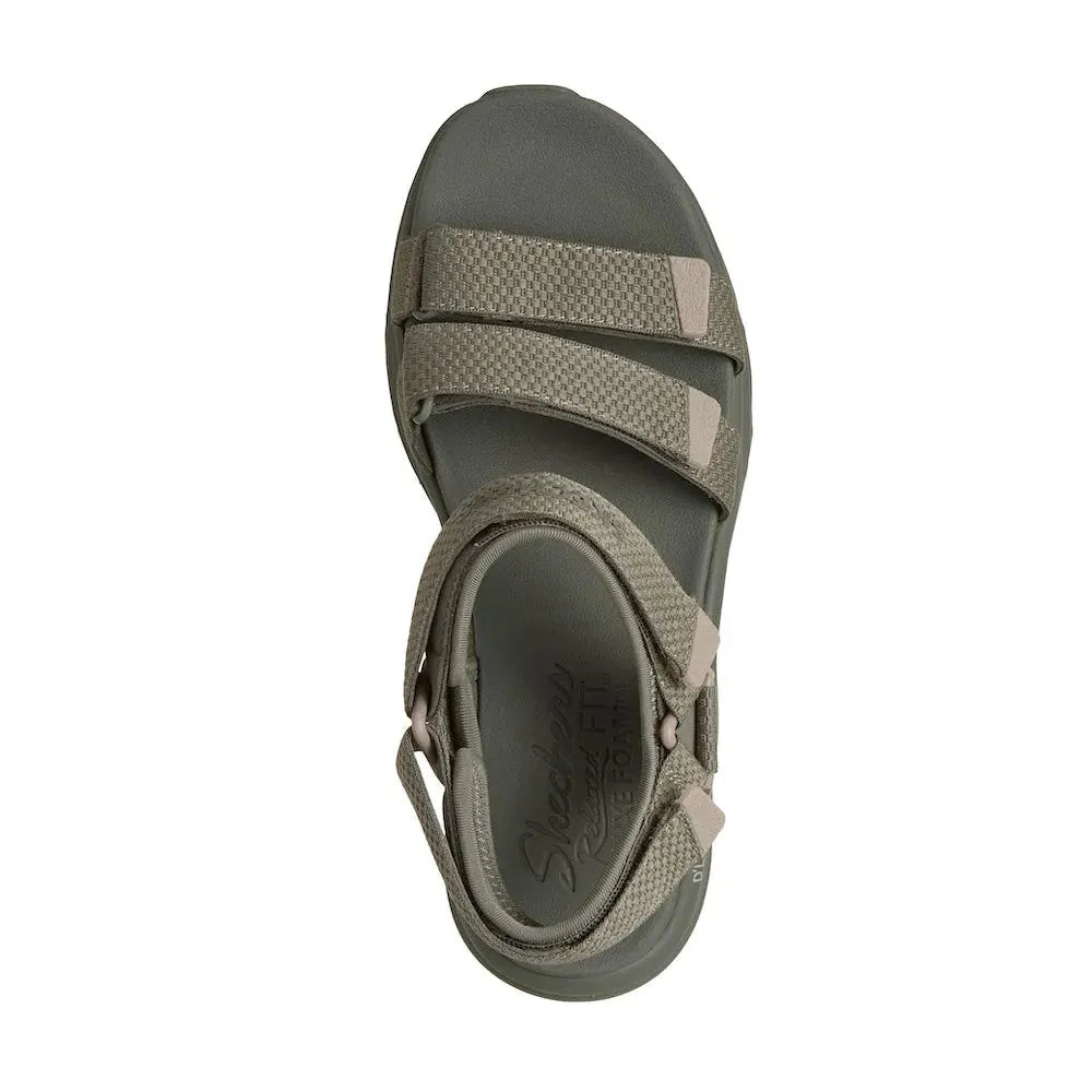Skechers D’Lux Walker Sea Scape ladies' olive textile sandals with touch fastening straps and cushioned sole.