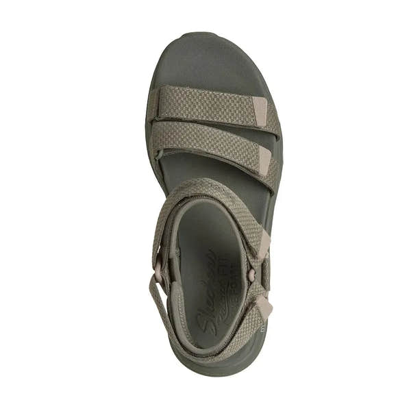 Skechers D’Lux Walker Sea Scape ladies' olive textile sandals with touch fastening straps and cushioned sole.