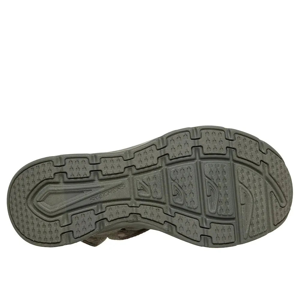Skechers D’Lux Walker Sea Scape women’s olive textile slip-on sandals with touch fastenings and textured rubber outsole.