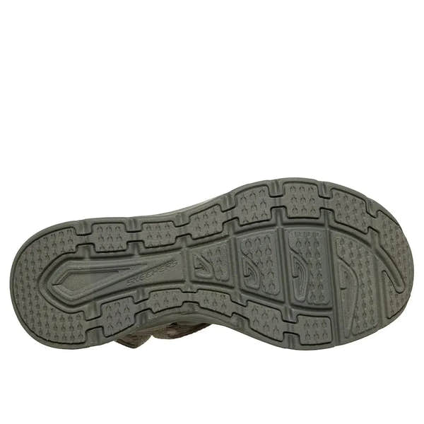 Skechers D’Lux Walker Sea Scape women’s olive textile slip-on sandals with touch fastenings and textured rubber outsole.