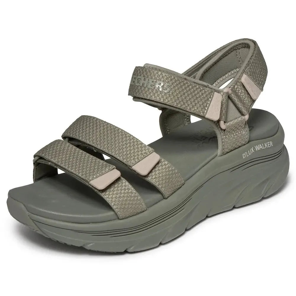 Skechers D’Lux Walker Sea Scape Ladies Olive Touch Fastening Sandals with cushioned sole and adjustable straps.