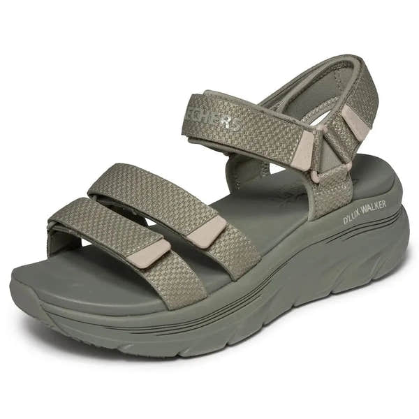 Skechers D’Lux Walker Sea Scape Ladies Olive Touch Fastening Sandals with cushioned sole and adjustable straps.