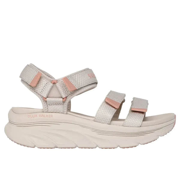 Skechers D’Lux Walker Sea Scape women's taupe textile sandals with touch fastening straps and cushioned sole.