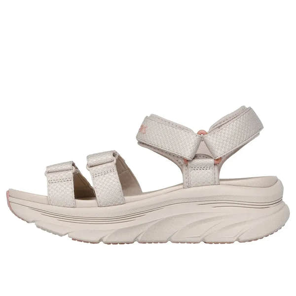 Skechers D’Lux Walker Sea Scape women's taupe textile sandals with touch-fastening straps and thick cushioned sole.