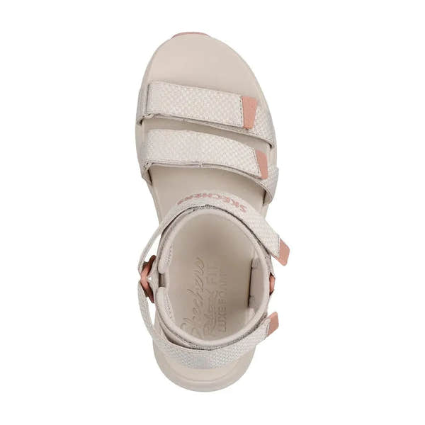 Skechers D’Lux Walker Sea Scape ladies taupe textile touch fastening sandals, open toe, padded insole, and adjustable straps.
