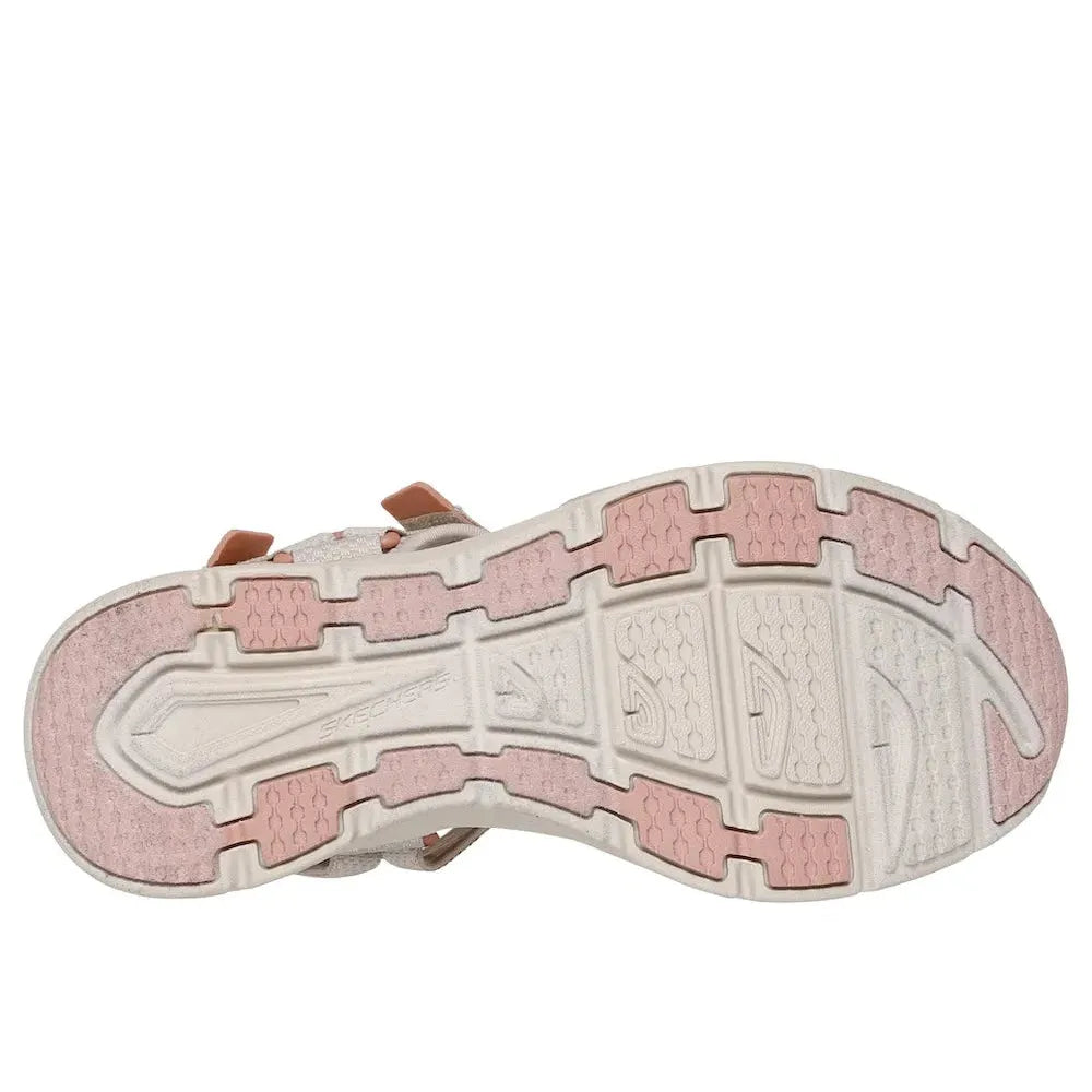 Skechers D’Lux Walker Sea Scape ladies’ taupe textile sandals with touch fastenings and cushioned outsole.