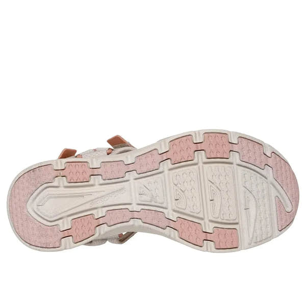 Skechers D’Lux Walker Sea Scape ladies’ taupe textile sandals with touch fastenings and cushioned outsole.