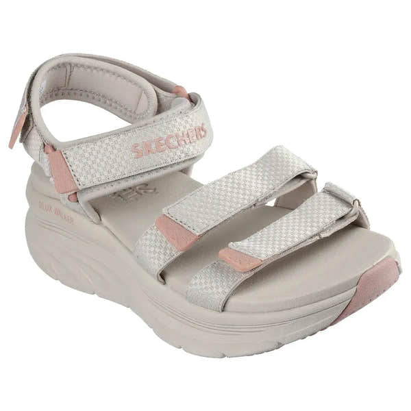 Skechers D’Lux Walker Sea Scape ladies taupe textile sandals with touch-fastening straps and chunky sole.