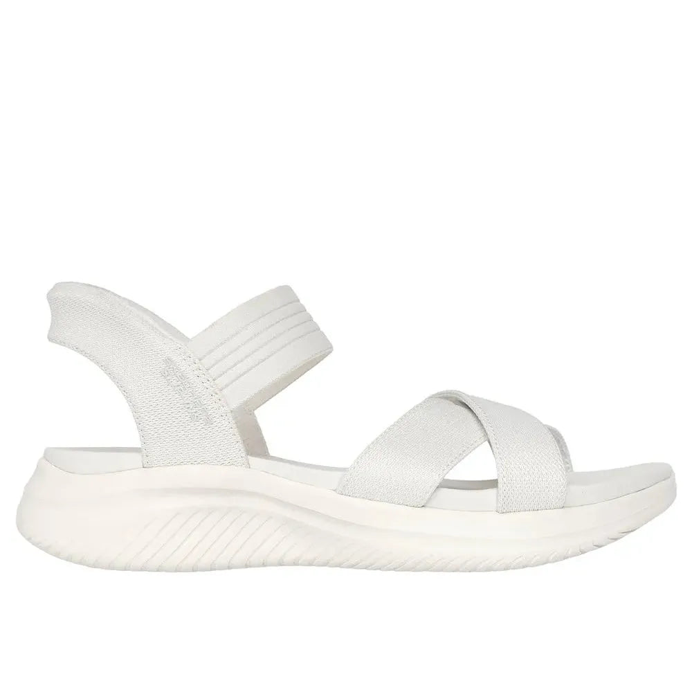 Skechers Ultra Flex 3.0 Ladies Off White Vegan Textile Sandals with elasticated straps and cushioned sole.