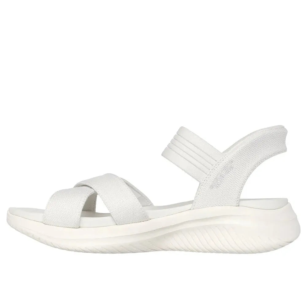 Skechers Ladies Ultra Flex 3.0 off-white vegan textile sandals with elastic straps and cushioned sole.