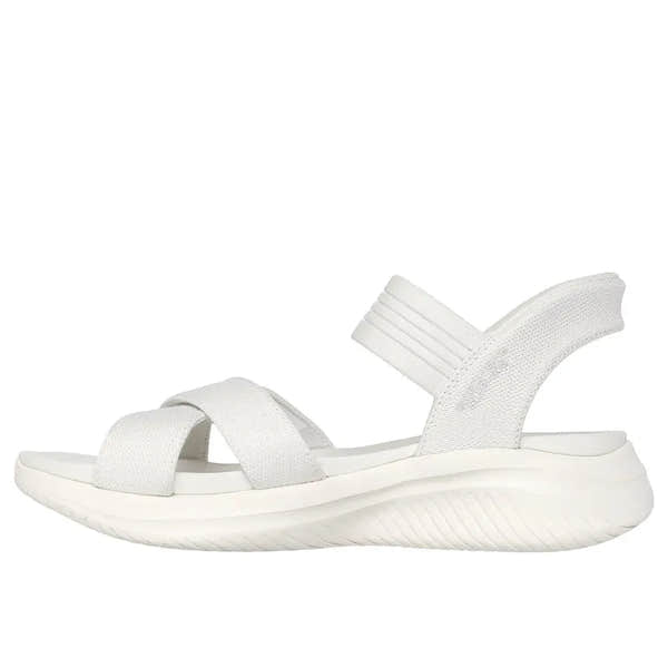 Skechers Ladies Ultra Flex 3.0 off-white vegan textile sandals with elastic straps and cushioned sole.