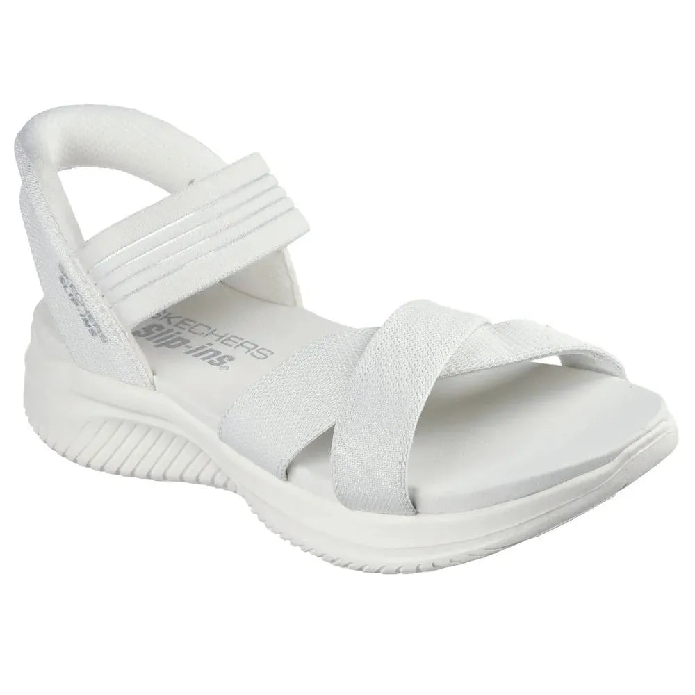 Skechers Ultra Flex 3.0 ladies off-white vegan textile sport sandal with elasticated straps and cushioned sole.