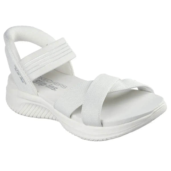 Skechers Ultra Flex 3.0 ladies off-white vegan textile sport sandal with elasticated straps and cushioned sole.