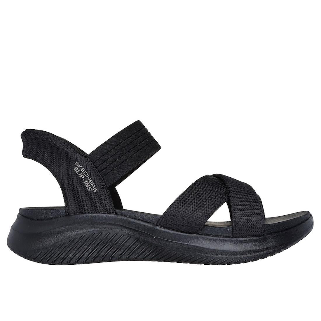 Skechers Ultra Flex 3.0 women's black textile sporty sandals with elastic straps and cushioned sole.