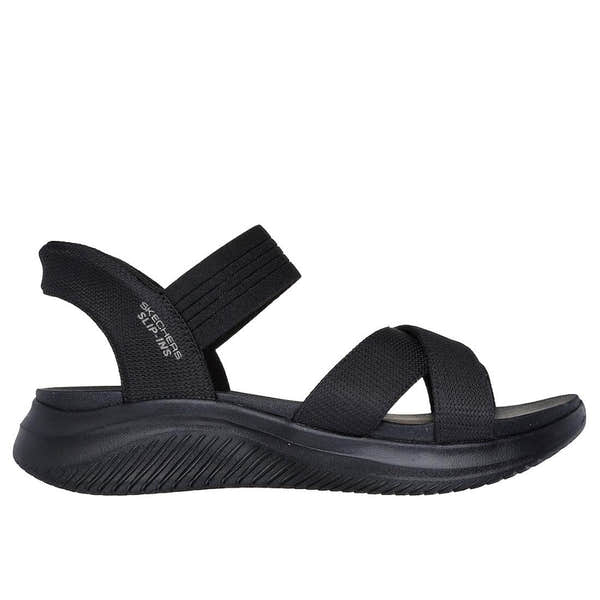 Skechers Ultra Flex 3.0 women's black textile sporty sandals with elastic straps and cushioned sole.