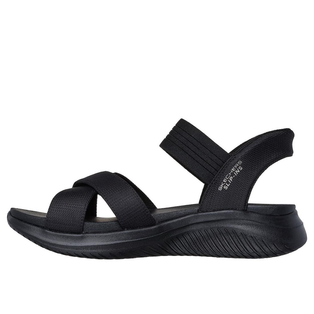 Skechers Women's Ultra Flex 3.0 Never Better Black Textile Elasticated Sandals with cushioned sole and adjustable straps.
