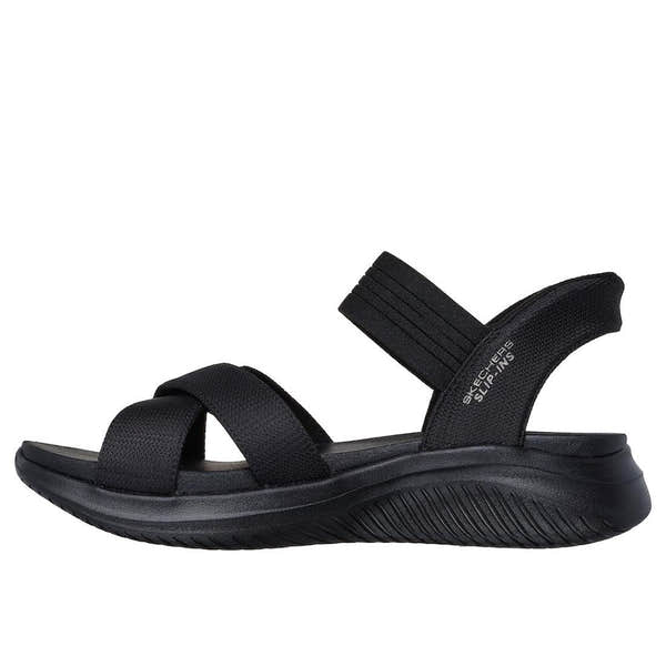 Skechers Women's Ultra Flex 3.0 Never Better Black Textile Elasticated Sandals with cushioned sole and adjustable straps.