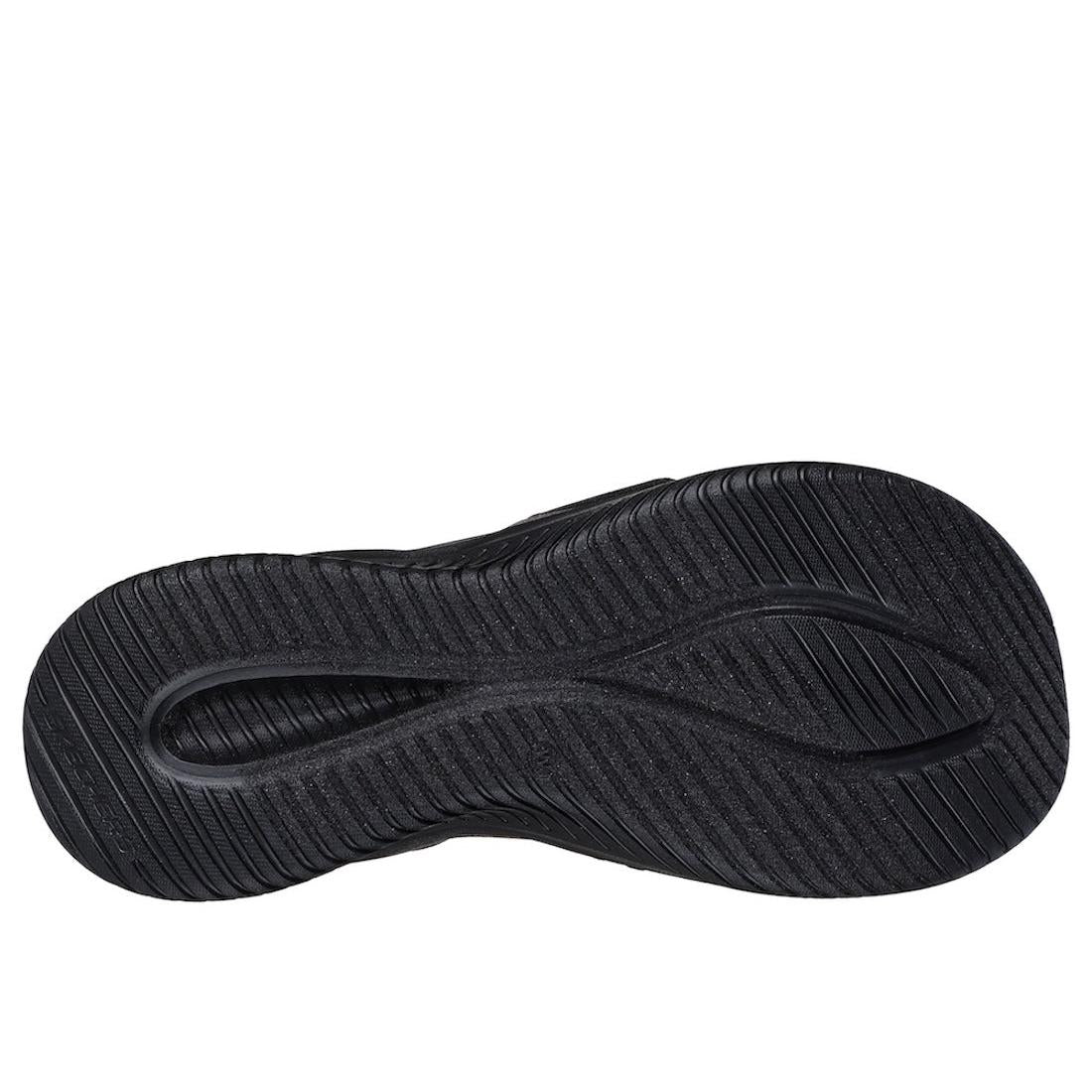 Skechers Ultra Flex 3.0 Never Better Ladies Black Textile Elasticated Sandals with cushioned sole and slip-on design.