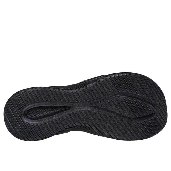 Skechers Ultra Flex 3.0 Never Better Ladies Black Textile Elasticated Sandals with cushioned sole and slip-on design.
