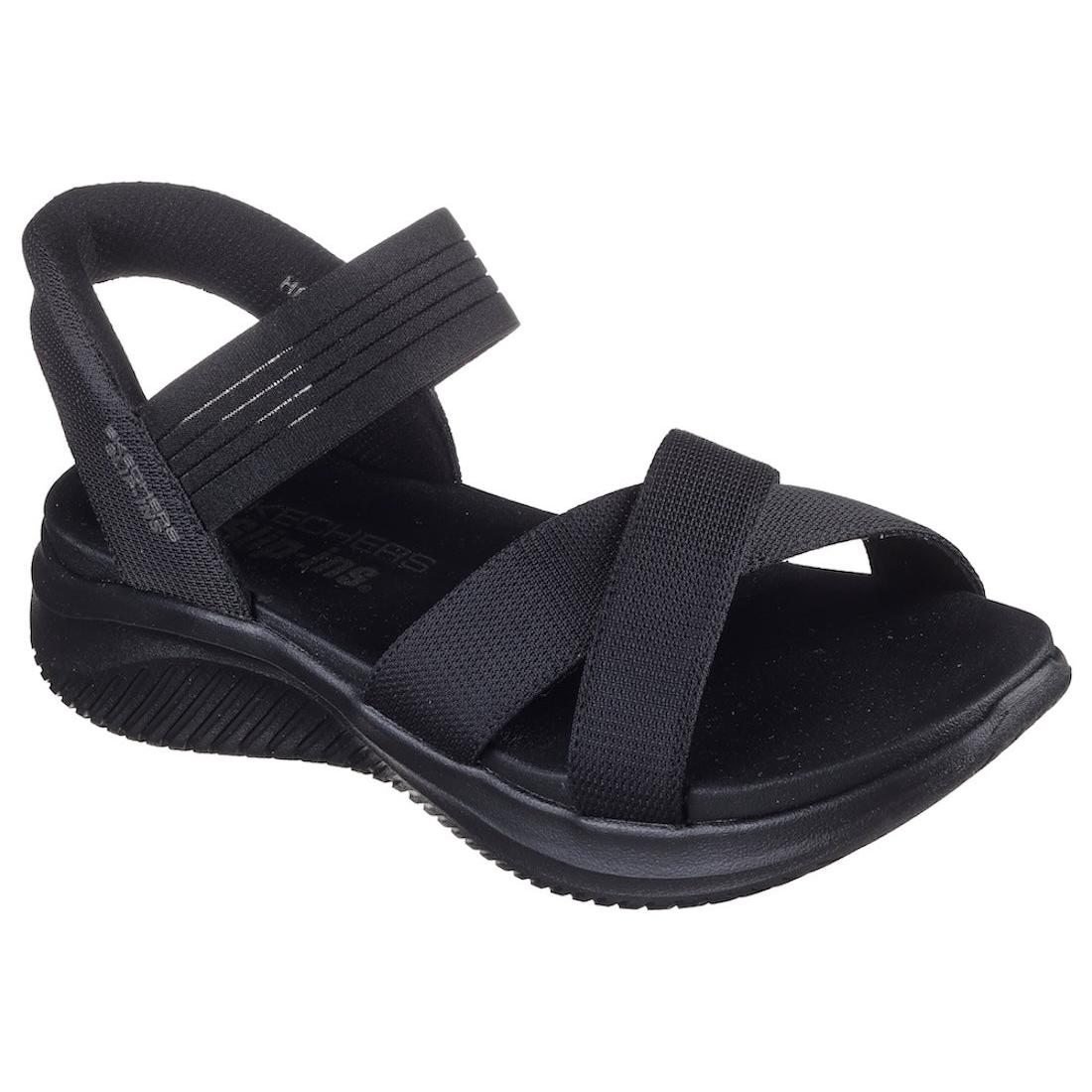 Skechers Ultra Flex 3.0 women's black elasticated textile sandals with cushioned footbed and slip-on design.