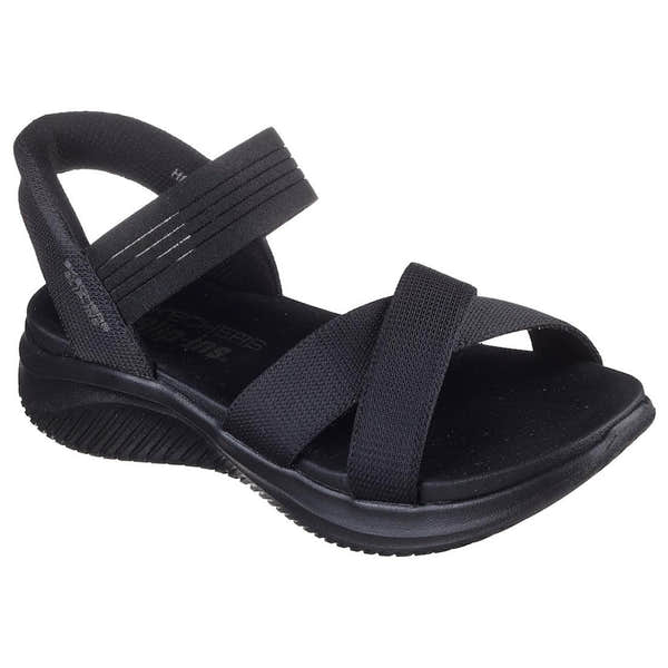 Skechers Ultra Flex 3.0 women's black elasticated textile sandals with cushioned footbed and slip-on design.