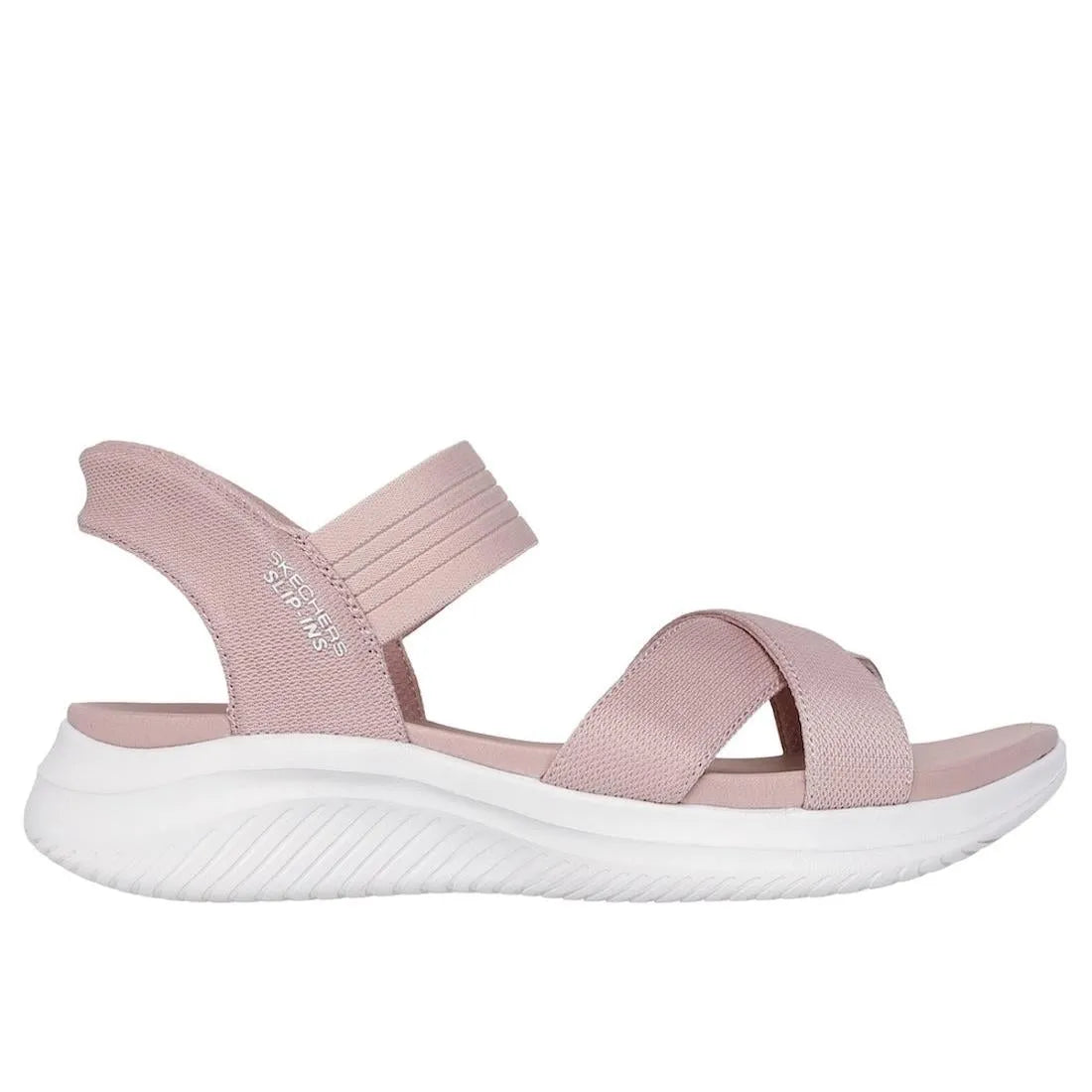 Skechers Ultra Flex 3.0 Ladies Blush Textile Elasticated Sandals with cushioned sole and adjustable straps.