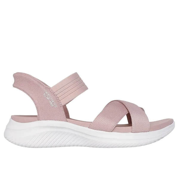 Skechers Ultra Flex 3.0 Ladies Blush Textile Elasticated Sandals with cushioned sole and adjustable straps.