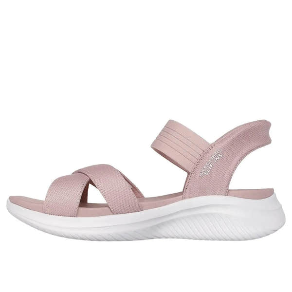 Skechers Ultra Flex 3.0 Ladies Blush Textile Elasticated Sandals with cushioned sole and adjustable straps.