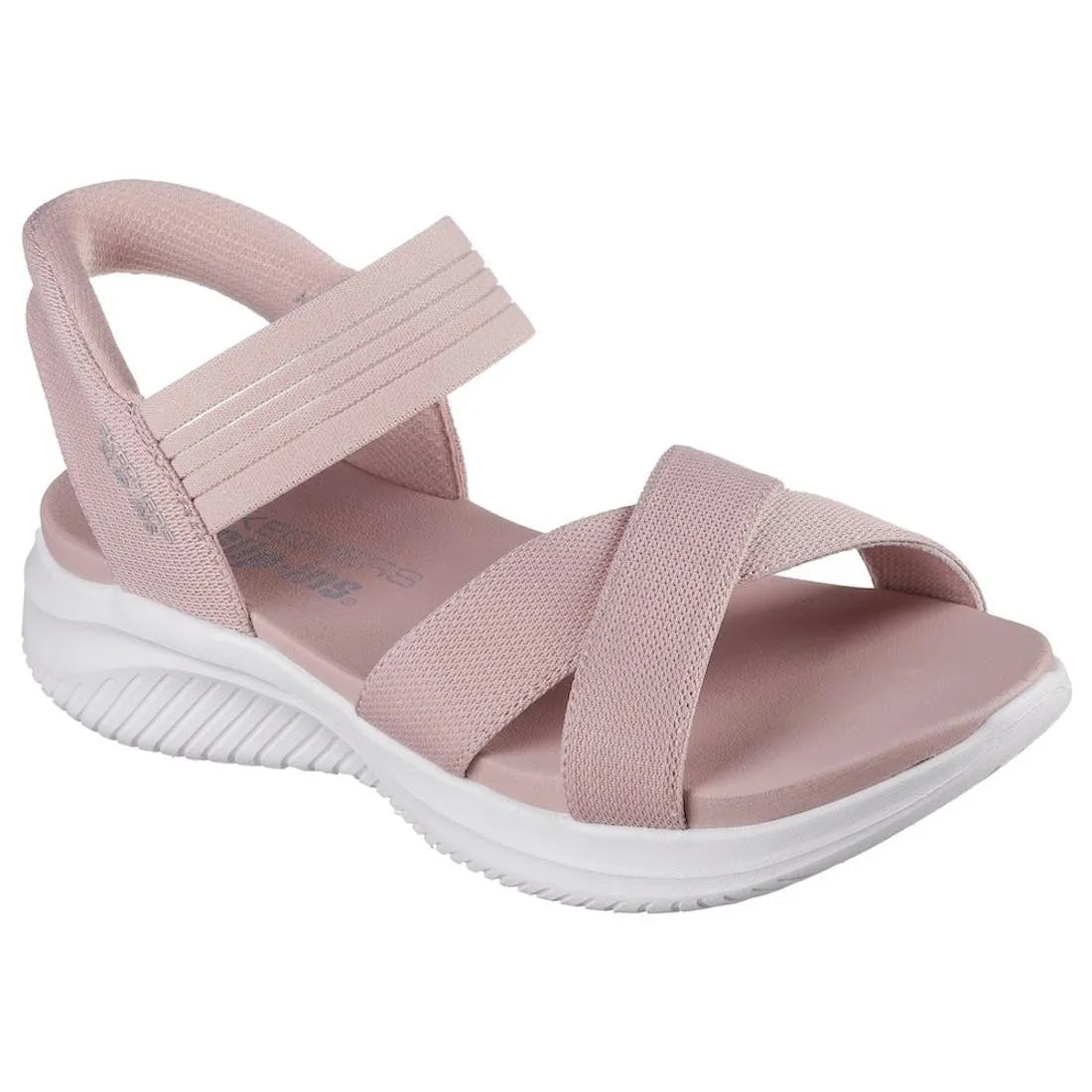 Skechers Ultra Flex 3.0 Never Better women's blush textile elasticated sandals with cushioned sole and adjustable straps.