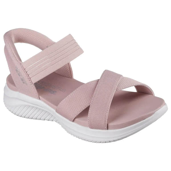 Skechers Ultra Flex 3.0 Never Better women's blush textile elasticated sandals with cushioned sole and adjustable straps.