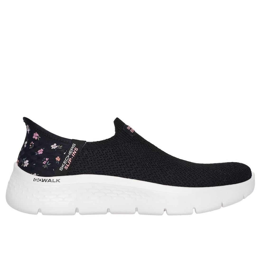 Skechers Go Walk Flex Sunset Rose slip-on trainers for women, black/pink textile, lightweight and comfortable athletic shoes.