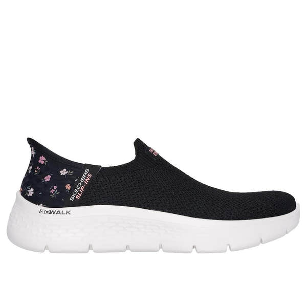 Skechers Go Walk Flex Sunset Rose slip-on trainers for women, black/pink textile, lightweight and comfortable athletic shoes.
