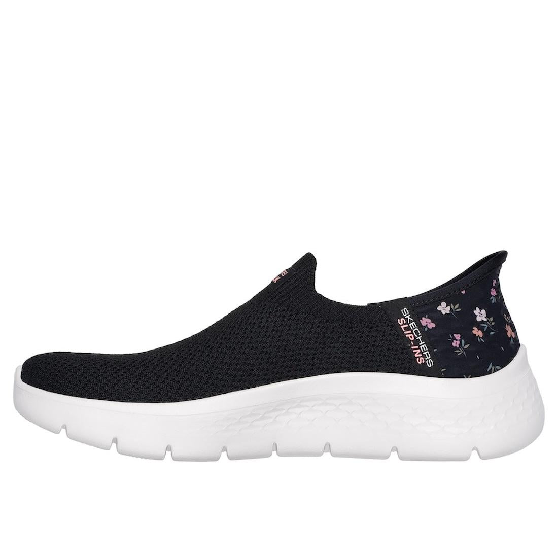 Skechers Go Walk Flex sunset rose slip-on trainers for women with black and pink floral design, lightweight mesh upper, and white cushioned sole.