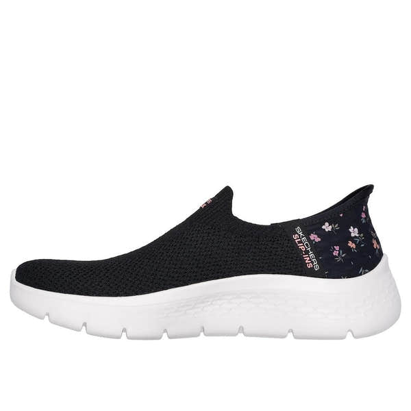 Skechers Go Walk Flex sunset rose slip-on trainers for women with black and pink floral design, lightweight mesh upper, and white cushioned sole.