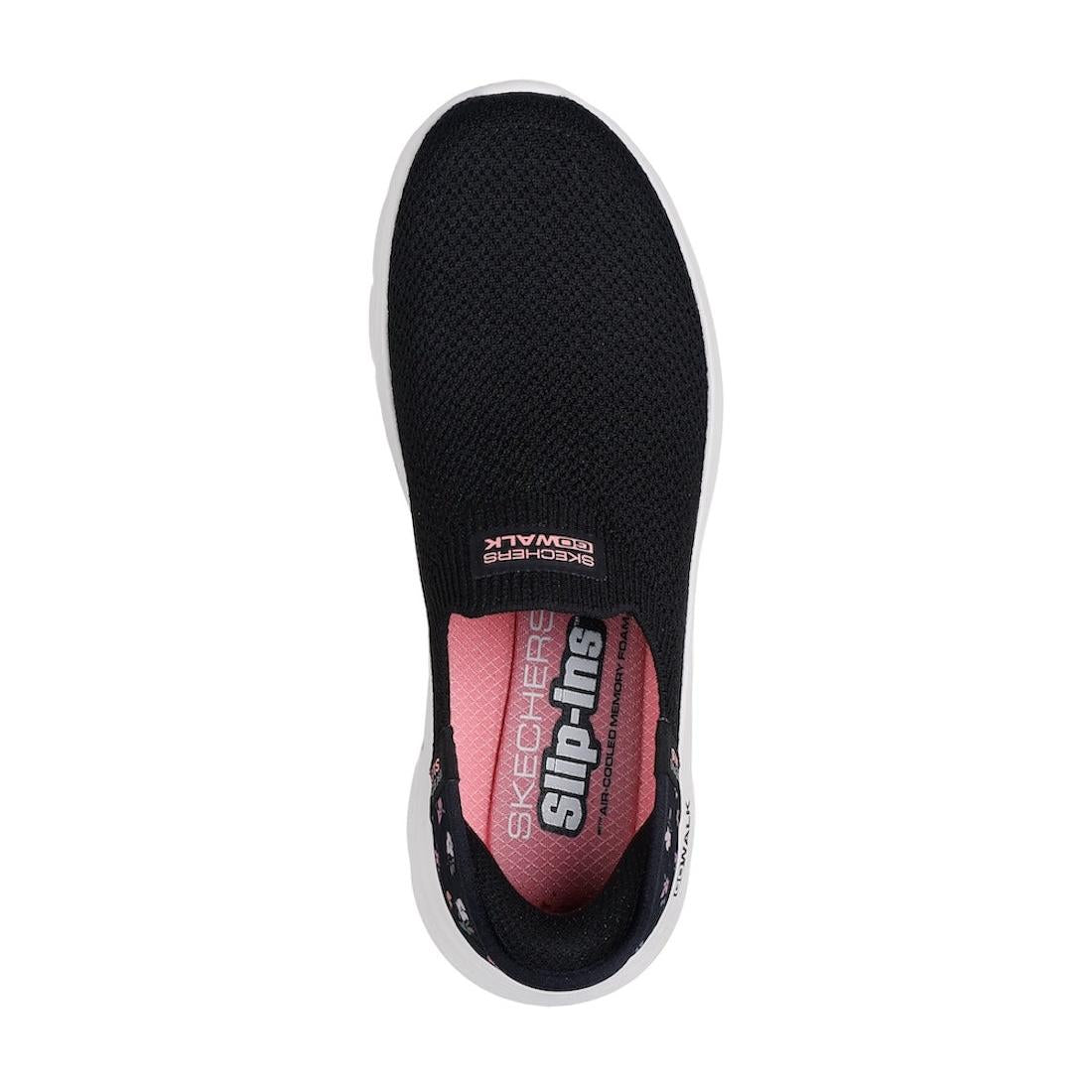 Skechers Go Walk Flex Sunset Rose ladies slip-on trainers with black/pink textile upper and white sole.
