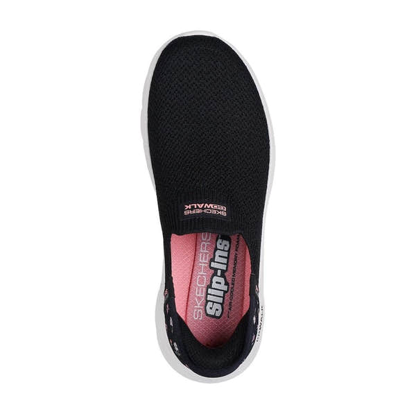 Skechers Go Walk Flex Sunset Rose ladies slip-on trainers with black/pink textile upper and white sole.