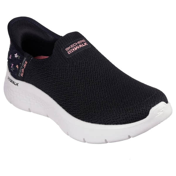 Skechers Go Walk Flex women's slip-on trainers in sunset rose, black/pink textile, lightweight, cushioned sole.