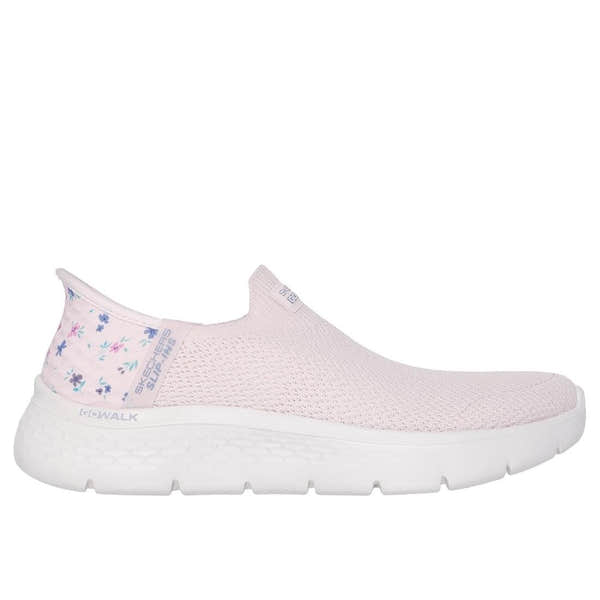 Skechers 124822 Go Walk Flex Sunset Rose women's light pink slip-on trainers with floral accents and breathable textile upper.