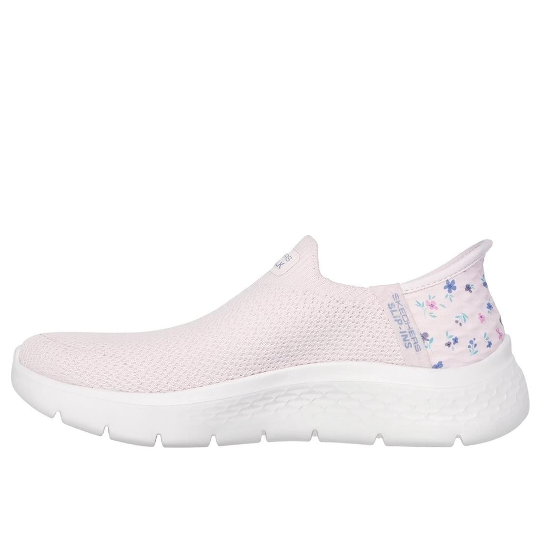 Skechers Go Walk Flex Sunset Rose women's light pink slip-on trainers with floral detail, breathable textile upper, cushioned sole.